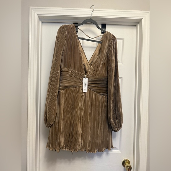 Jewel Badgley Mischka Beige Brown Balloon Long Sleeve Mini Dress Size 12 - Picture 6 of 9